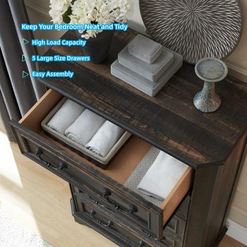 Laurel Foundry Modern Farmhouse® Theron Farmhouse 5 Drawer Bedroom Dresser, Wood Tall Chest of Drawers, Closet Storage for Bedroom