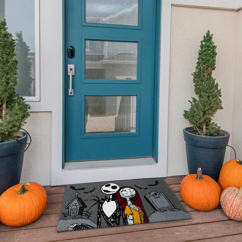 Disney Nightmare Before Christmas Jack Sally Welcome Black White Natural Graphic Non-Slip Indoor/ Outdoor Coir Door Mat 2-Pack, 20x34 (Set of 2)