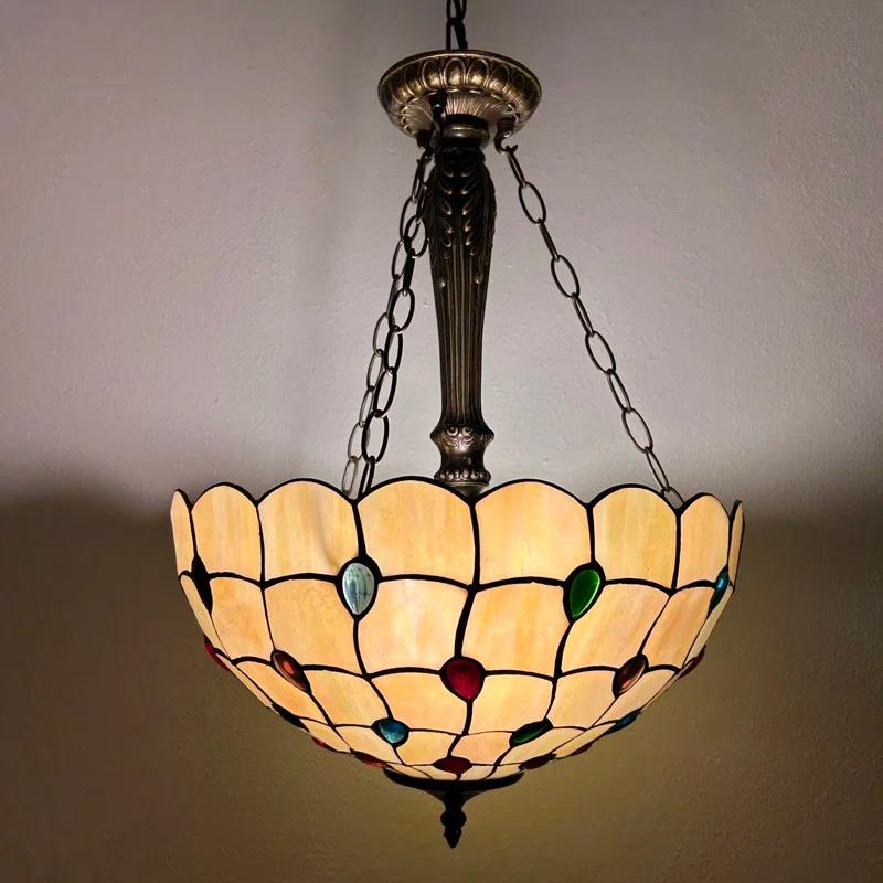 Fleur De Lis Living Spinks Tiffany Pendant Lights Gold Stained Glass Crystal Beans LED Bulbs Included 16"W*16"D*60"H