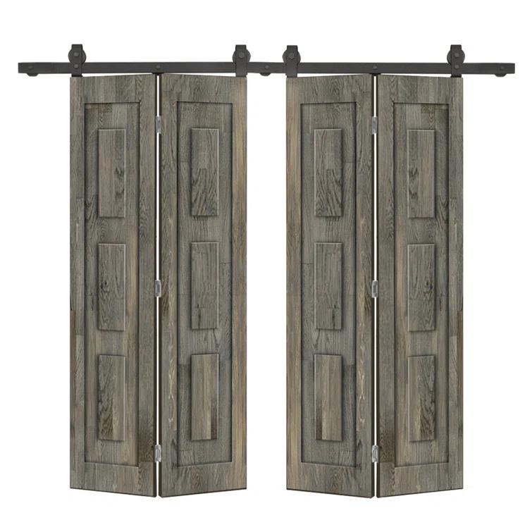 Calhome 3 Panel Shaker Pine Wood Double Bi-Fold Door with Sliding Barn Door Hardware Kit