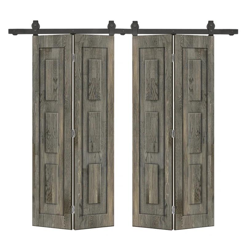 Calhome 3 Panel Shaker Pine Wood Double Bi-Fold Door with Sliding Barn Door Hardware Kit