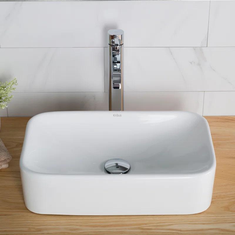 Kraus C-KCV-122-1007CH Ceramic Rectangular Vessel Bathroom Sink with Faucet