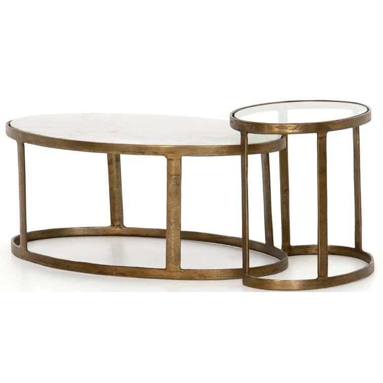 Gold and White Oval Marble Glass Nesting Coffee Table