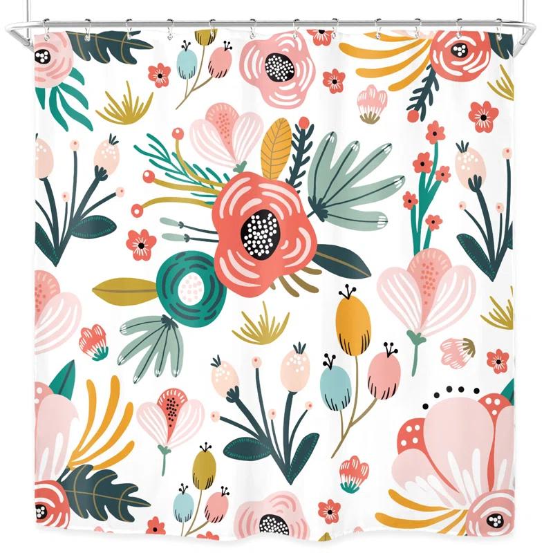Red Barrel Studio® Pink Floral Shower Curtain For Bathroom Decor 72Wx72h Watercolor Colorful Flower Tropical Leaves Spring Botanical Sage Green Art Printed Fabric Polyester Waterproof 12 Pack Plastic Hooks