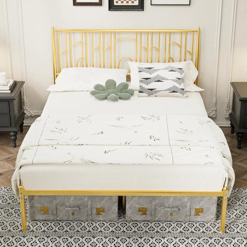 Mercer41 Gold Queen Size Metal Platform Bed Frame with Iron Art Headboard