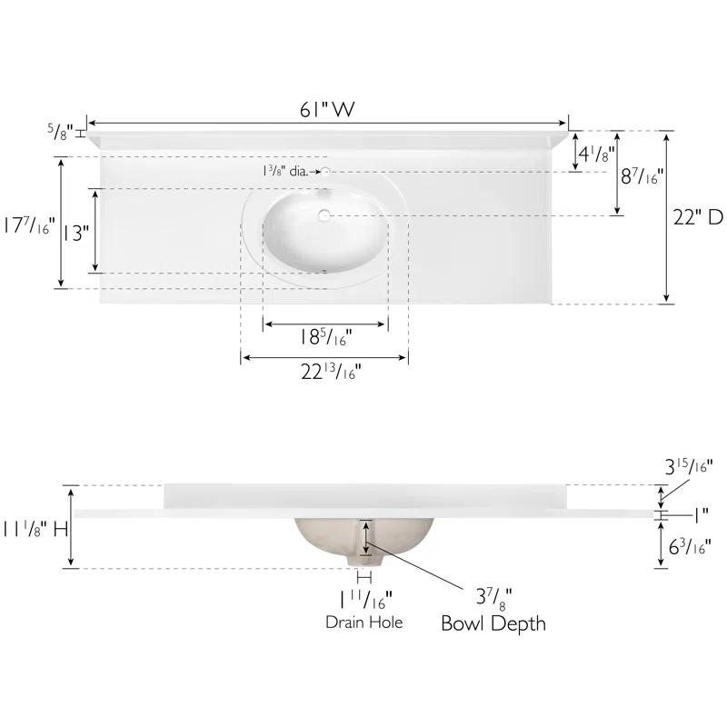 61 Inch Cultured Marble Vanity Top with Backsplash, Improved Package, White