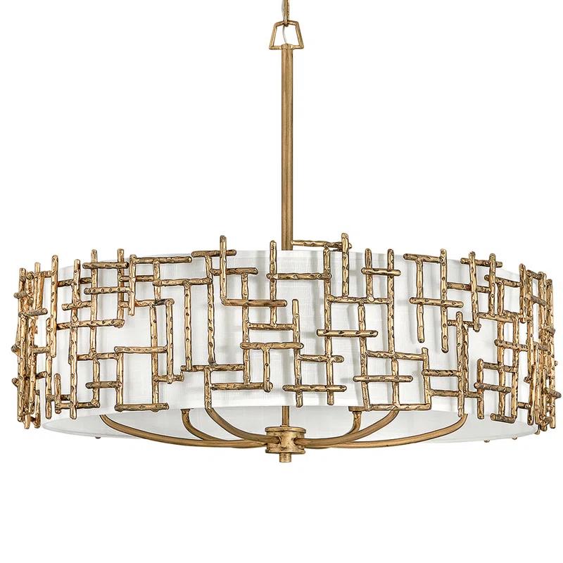 Fredrick Ramond Farrah 6-Light White Linen Drum Chandelier w/ Hammered Crosshatch Bars