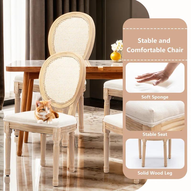 One Allium Way® French Style Rattan Back Solid Wood Upholstered Dining Chairs(Set of 6)