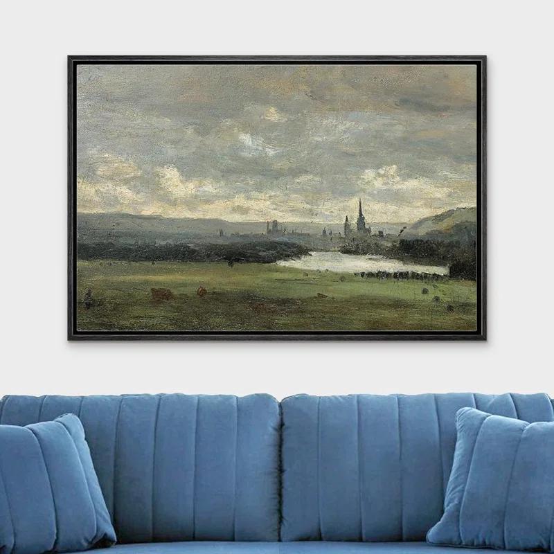 IDEA4WALL Rustic Countryside " IDEA4WALL Framed Canvas Print Wall Art Pastel Storm Cloud Valley Lake Landscape Nature Wilderness Illustrations Fine Art Decorative Rustic Multicolor For Living Room, Bedroom, Office "