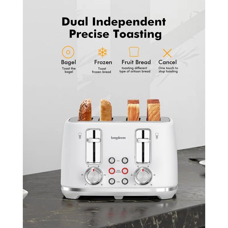 LONGDEEM 4 Slice Toaster, Extra Wide Slots, Longdeem Retro Stainless Steel Toasters, 6 Browning Options, Auto Shut Off & Frozen Function, Toast Fruit Bread, Bagel & Waffle