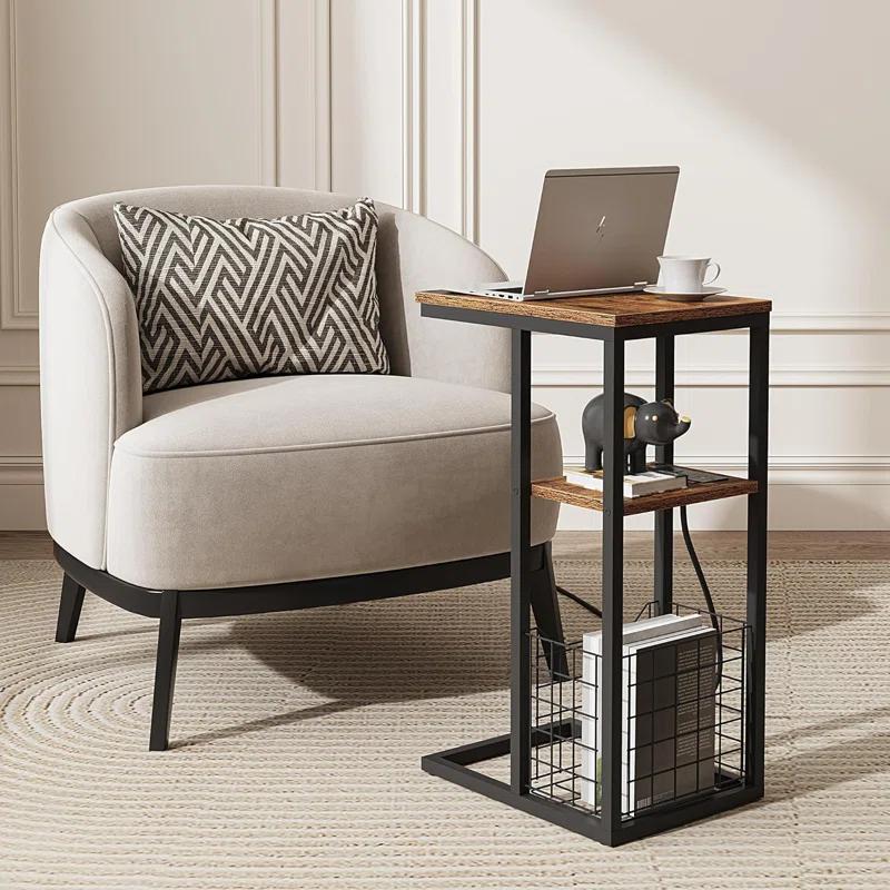 17 Stories C Shaped End Table With Charging Station, Side Table For Couch, Small Side End Table For Small Spaces, 28" High Slide Under Sofa Table For Coffee, Tv Tray Table For Living Room, Rustic Brown