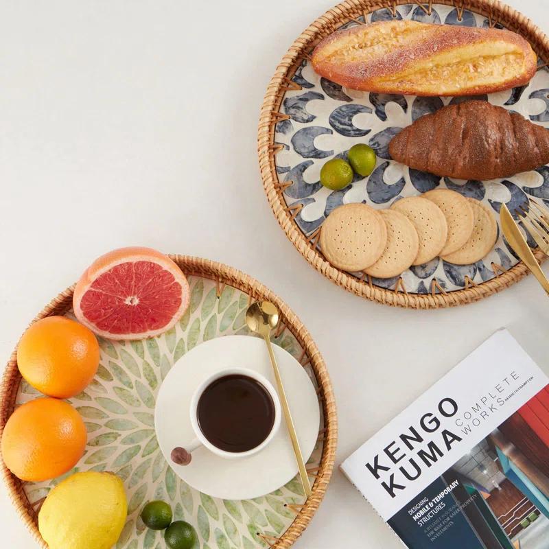 Bayou Breeze Round Rattan Tray With Mother Of Pearl Inlay, Rattan Serving Tray With Wooden Base, Decorative Wicker Basket For Table Decor, Storage And Display Of Coffee Bread Food Fruit