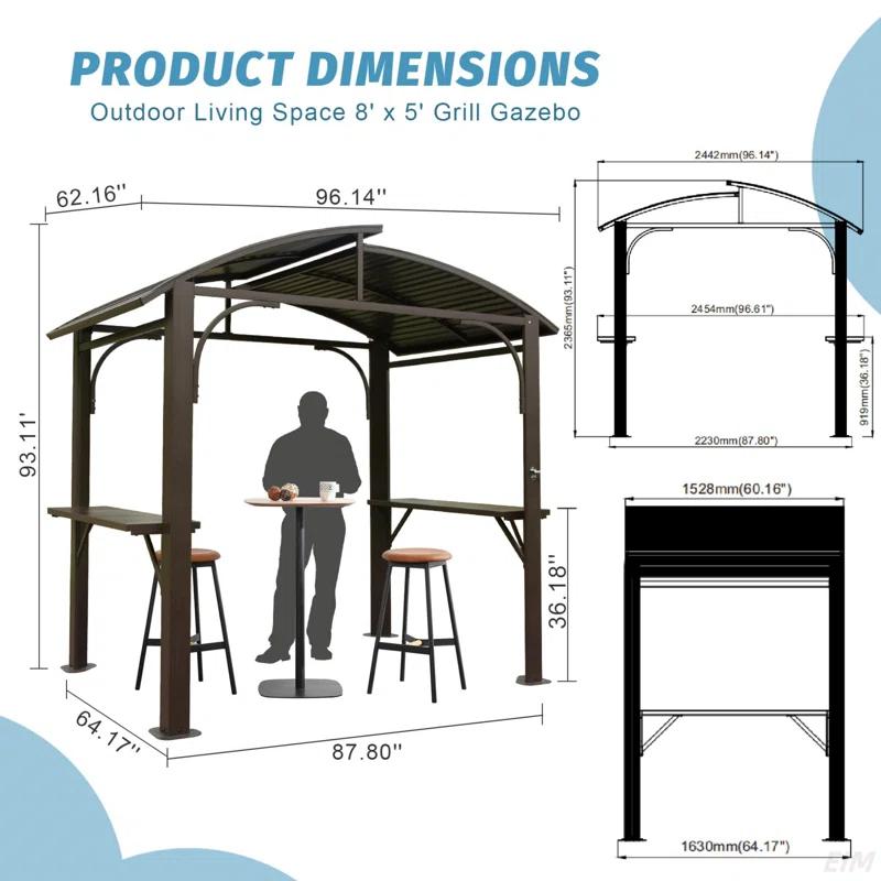 HLILish 8X5ft  Arc Roof, Grill Canopy For Outdoor Grill W/Double Galvanized Steel Roof And 2 Side Shelves, BBQ Gazebo Grill Tent For Patio Garden Backyard