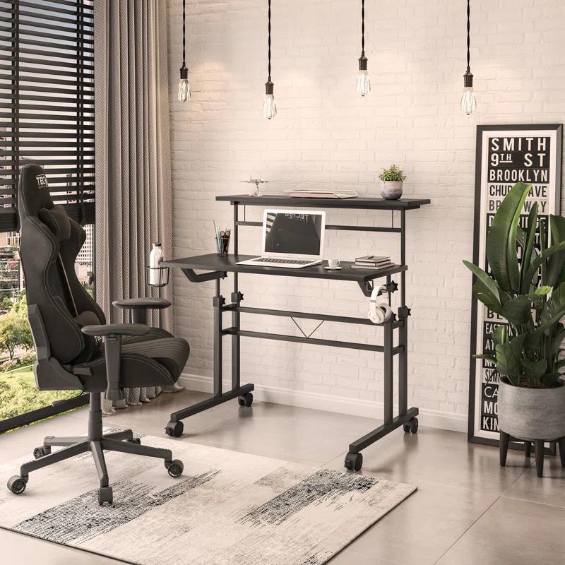 Inbox Zero Mobili Rolling Writing Desk – Height Adjustable with Moveable Shelf & Locking Wheels