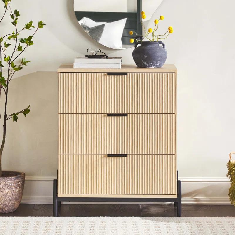 Millwood Pines Mid-Century 3-Drawer Chest with Reeded Drawer Fronts, Coastal Oak