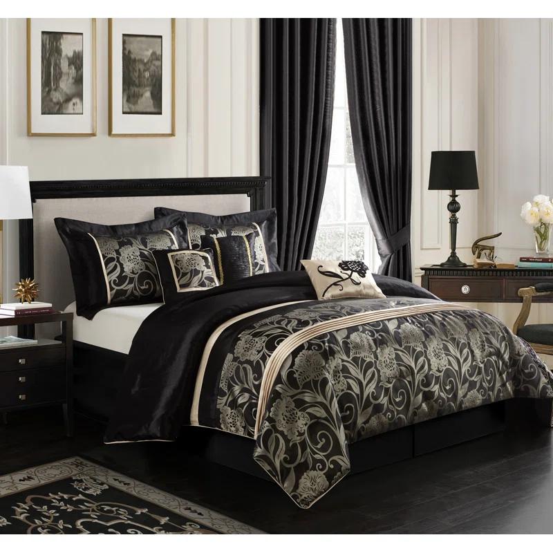 Nanshing America, Inc Fennville Black/Gold/Beige Microfiber 7 Piece Comforter Set