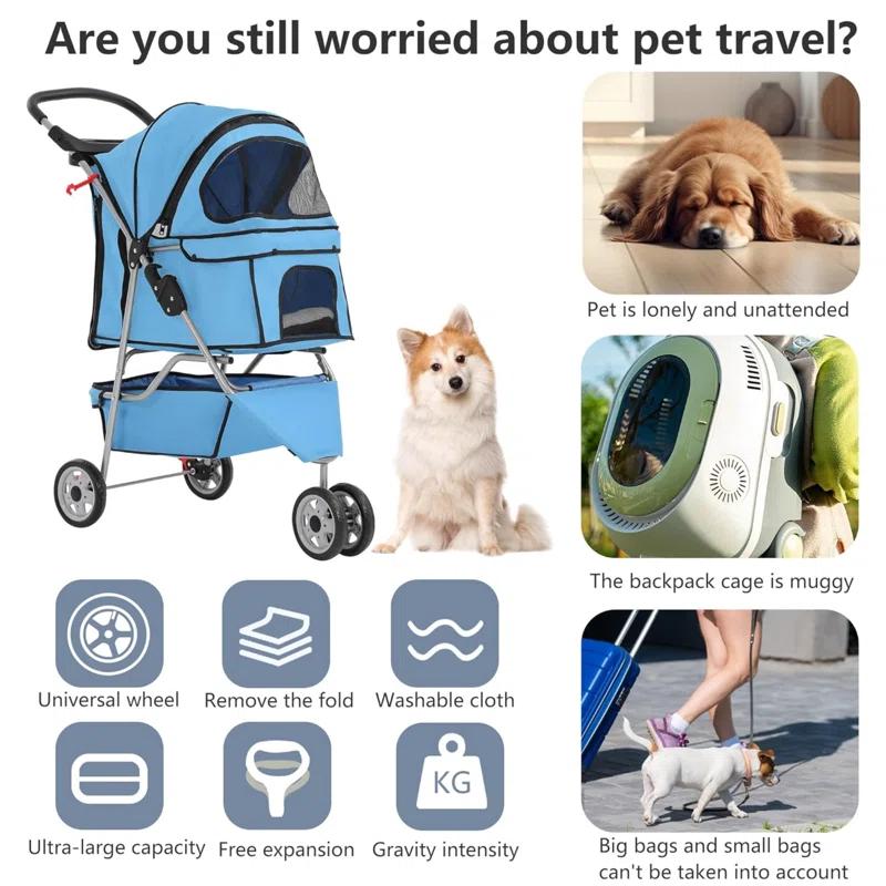 ToccoLeggero Pet Stroller Foldable Dog Stroller 3-Wheel Durable Cat Jogger Stroller For Small And Medium Dogs Cats With Washable Liner Storage Basket Cup Holder