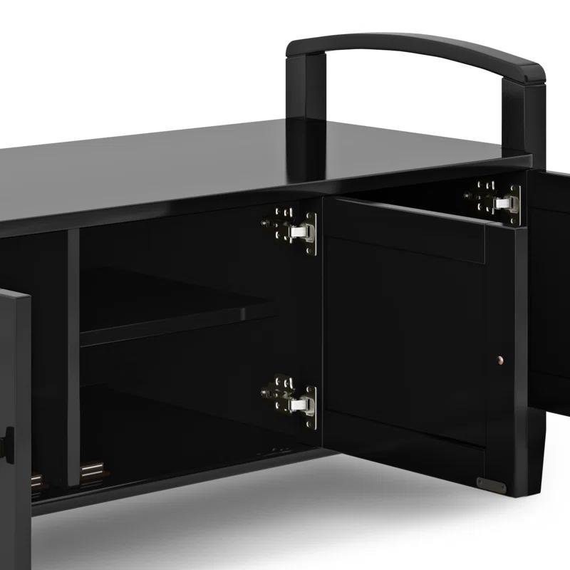 Simpli Home Warm Shaker 44"W Solid Wood Entryway Storage Bench with 3 Cabinets, Shaker-Style Doors and Interior Shelves