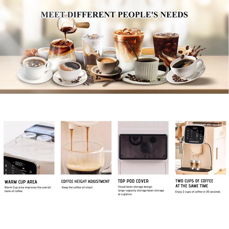 Pakroman Fully Automatic Espresso Machine Milk Frother+19 Bar Italian Ulka Touch Display+Burr Grinder