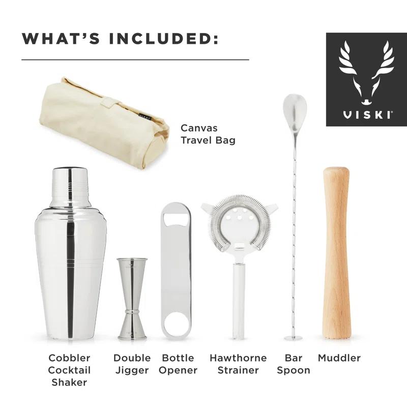 Viski 7-Piece Stainless Steel Travel Bar Barware Set