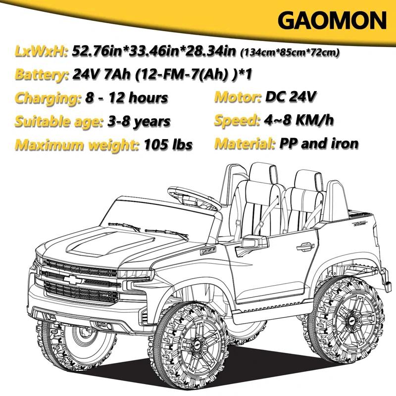 Hetoy 24V Ride On Car Truck Chevrolet Silverado Kids Electric Vehicle 2-Seater Battery Powered With Remote Control