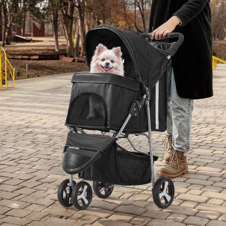 ATCHISON Foldable Pet Stroller, 3 Wheels Folding Carrier Jogger Stroller for Dogs Cats with Canopy and Basket