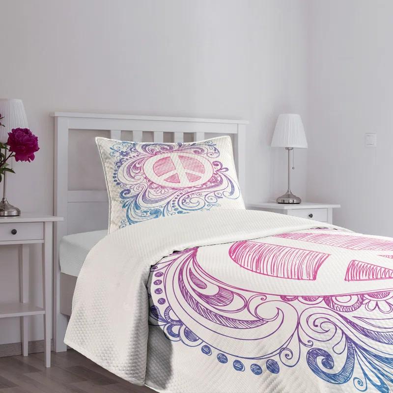 Ambesonne Ambesonne Groovy Bedspread Set Peace Sign and Swirls Pink Blue White
