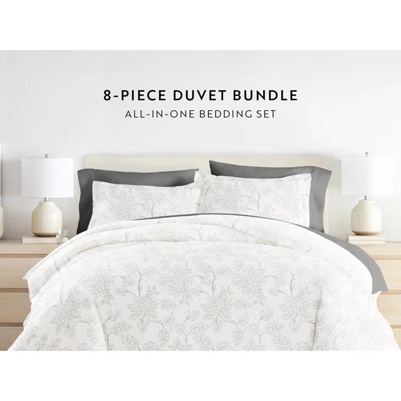 IEnjoy Home 8-Piece Reversible Bedding Bundle - Patterned Duvet Cover, Comforter Insert and Solid Sheet Set