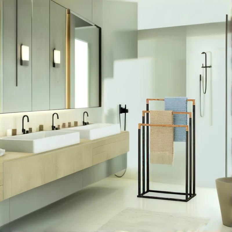 MyGift 33 Inch Black Chrome Plated Metal Freestanding Bathroom Towel Rack Stand with 3 Tier Bamboo Wood Bar, Laundry Room Drying Rack Stand