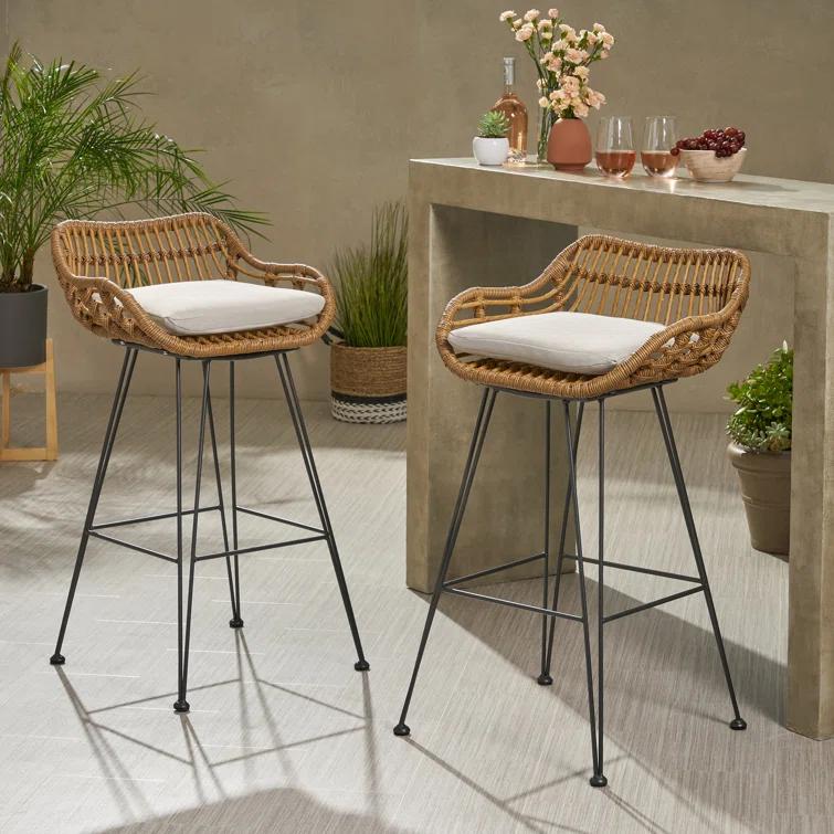 George Oliver Endicott Wicker Outdoor 30'' Bar Stool with Cushion (Set of 2)