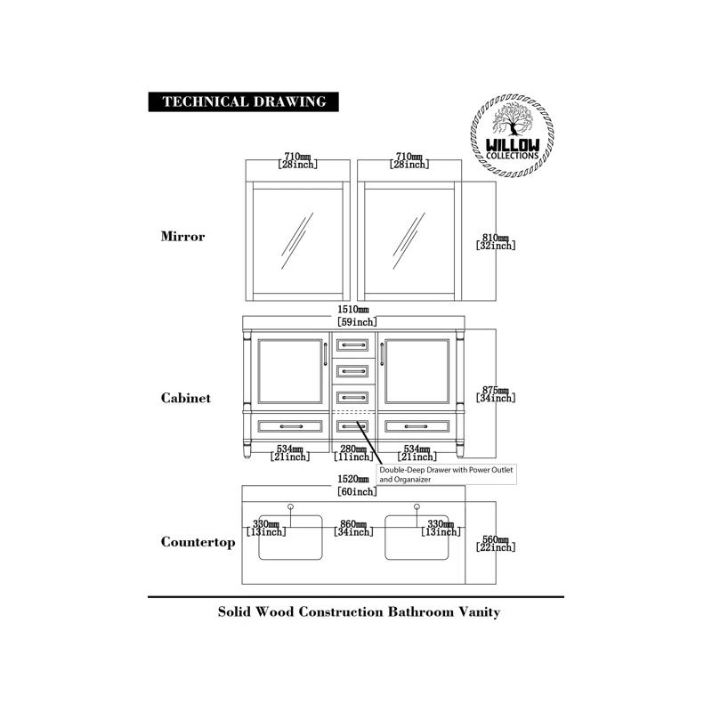 Willow Collections Aberdeen 60'' Double Bathroom Vanity with Top