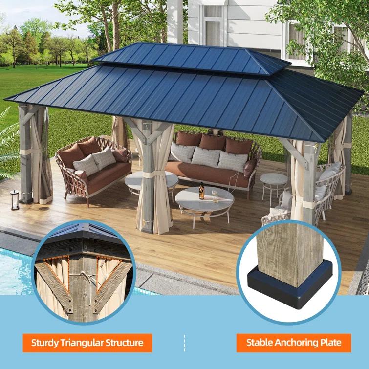 EROMMY 12' X 20' Outdoor Spruce Hardtop Gazebo For Patios, Spruce Framed Gazebo With Double Roof, Solid Wooden Framed Gazebo With Privacy Curtains For Patio Lawn, Garden, Backyard