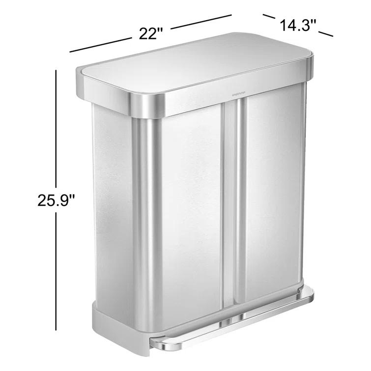 Simplehuman 58 Liter Recycling Kitchen Trash Can with Liner Pocket, Brushed Stainless Steel