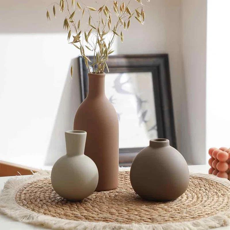 Bungalow Rose Ceramic Vase Set of 3, Vases Home Decor Rustic Vase Decor Vase Terra Cotta Pottery Vases