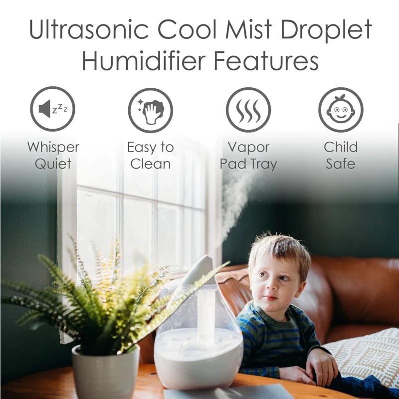 Crane USA Droplet Cool-Mist Humidifier with Vapor Tray, 0.5. Gal. - Clear & White