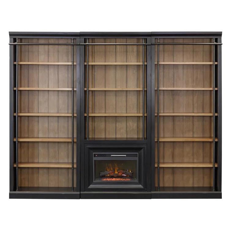 Birch Lane™ Frye Three 8' Tall Bookcase Wall With Fireplace and Ladder, Storage Organizer, Black
