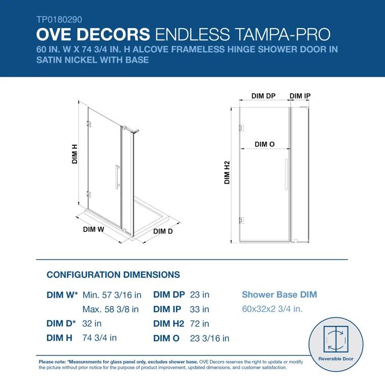 Ove Decors Endless Tampa-Pro 60" W x 72" H Alcove Frameless Shower Kit, Door, Panel, Base TP0180190