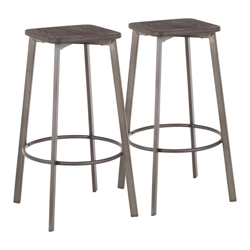 17 Stories Square Barstool In Vintage Metal And Espresso Wood-Pressed Grain Bamboo By Lumisource - Set Of 2
