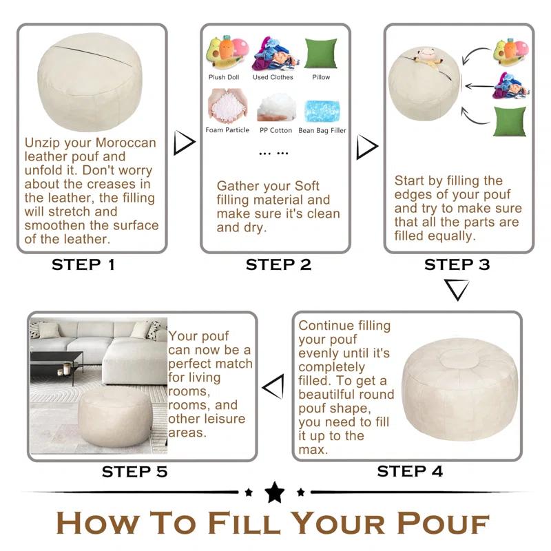 Unstuffed Handmade Moroccan Round Pouf Foot Stool Ottoman Seat Faux Leather Large Storage Bean Bag Floor Chair Foot Rest For Living Room, Bedroom Or Wedding Gifts