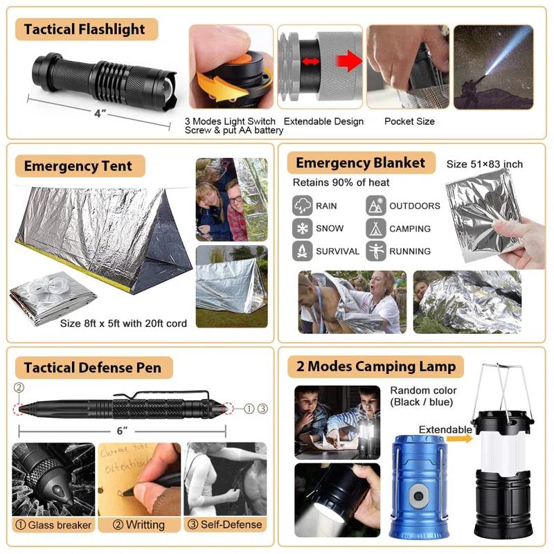 LIFETIME FLOORING LLC Survival Kit, 250Pcs Survival Gear First Aid Kit With Molle System Compatible Bag And Emergency Tent, Emergency Kit For Earthquake, Outdoor Adventure, Hiking, Hunting, Gifts