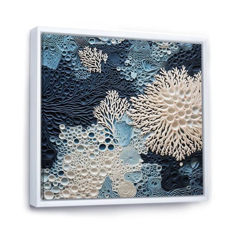 Design Art Under Water Blue And White Corals Collage - Nautical Wall Art Prints, Coastal canvas print