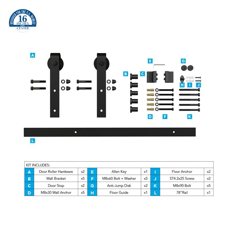 American Pro Decor Steel Sliding Rolling Barn Door Hardware Kit for Single Wood Doors with Routed Floor Guide
