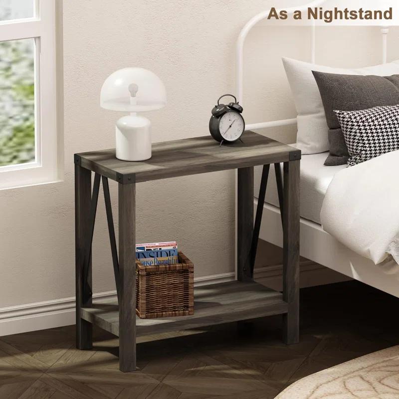 Farmhouse End Table For Small Spaces, Narrow Side End Table With Storage Shelf, Rustic A-Design Nightstand Sofa Table For Living Room, Bedroom 2 Pack