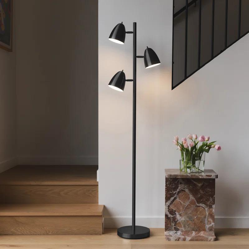 Brightech Jacob 64" Modern 3-Light Adjustable LED Floor Lamp with Black Finish and Metal Cone Shades, Bulbs Included