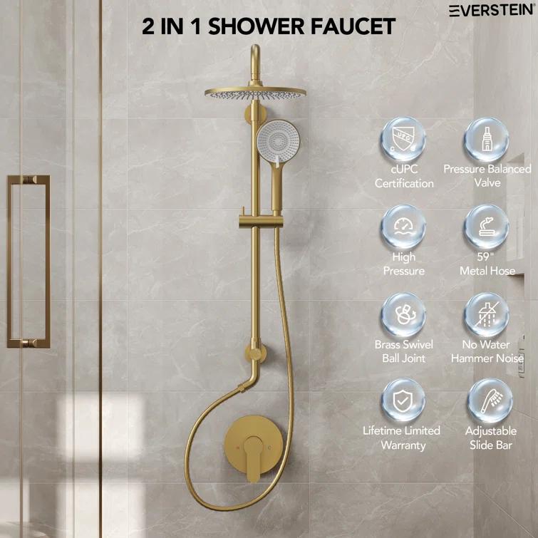 EVERSTEIN Wall Mount Pressure-Balanced Shower System,10"Rainfall Shower Head with Slider Bar Handheld Spray SFS-1098-GD10