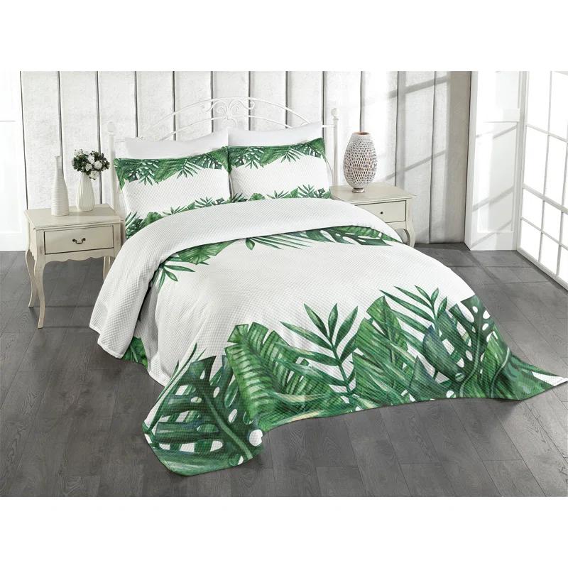 Ambesonne Ambesonne Palm Leaf Bedspread Set Forest Leaves Frame Hunter Green