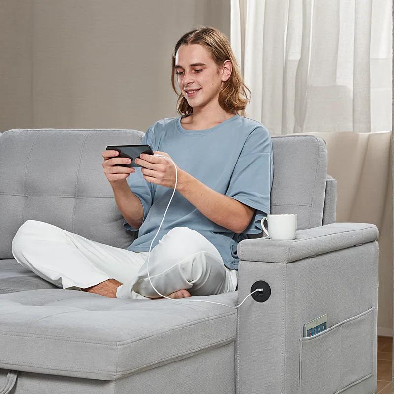 Latitude Run® Pull Out Sofa Bed With 2 USB Ports & Cup Holders, U Shaped Sleeper Sofa Bed With Dual Storage Chaise- Drak Gray