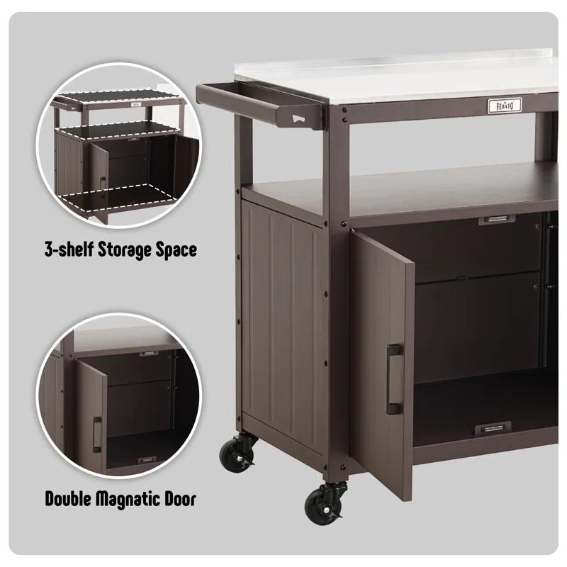 Feasto Feasto Outdoor Grill Cart with Stainless Steel Tabletop and Storage Cabinet, Movable Kitchen Cart with Wheels for BBQ Food Prep