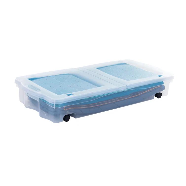 Rubbermaid Under Bed Wheeled Storage Box, 2-Pack, Plastic Containers With Dual-Hinged Lids And Sturdy Wheels, Visible Organization For Tight Spaces