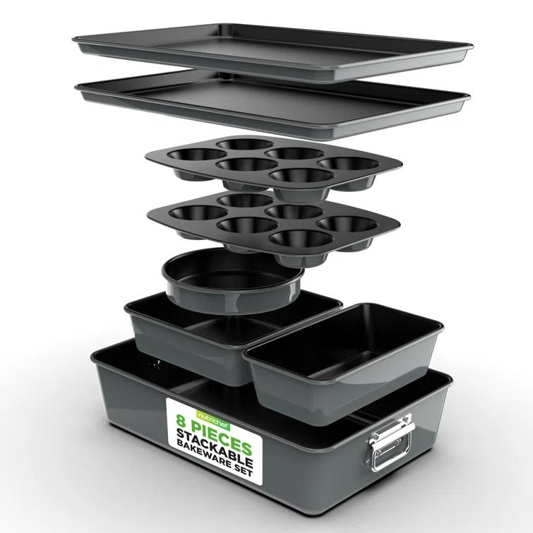 NutriChef 8-Piece Nonstick Stackable Bakeware Set - Pfoa, Pfos, Ptfe Free Baking Tray Set W/ Non-Stick Coating, 450°F Oven Safe, Round Cake, Loaf, Muffin, Wide/Square Pans, Cookie Sheet